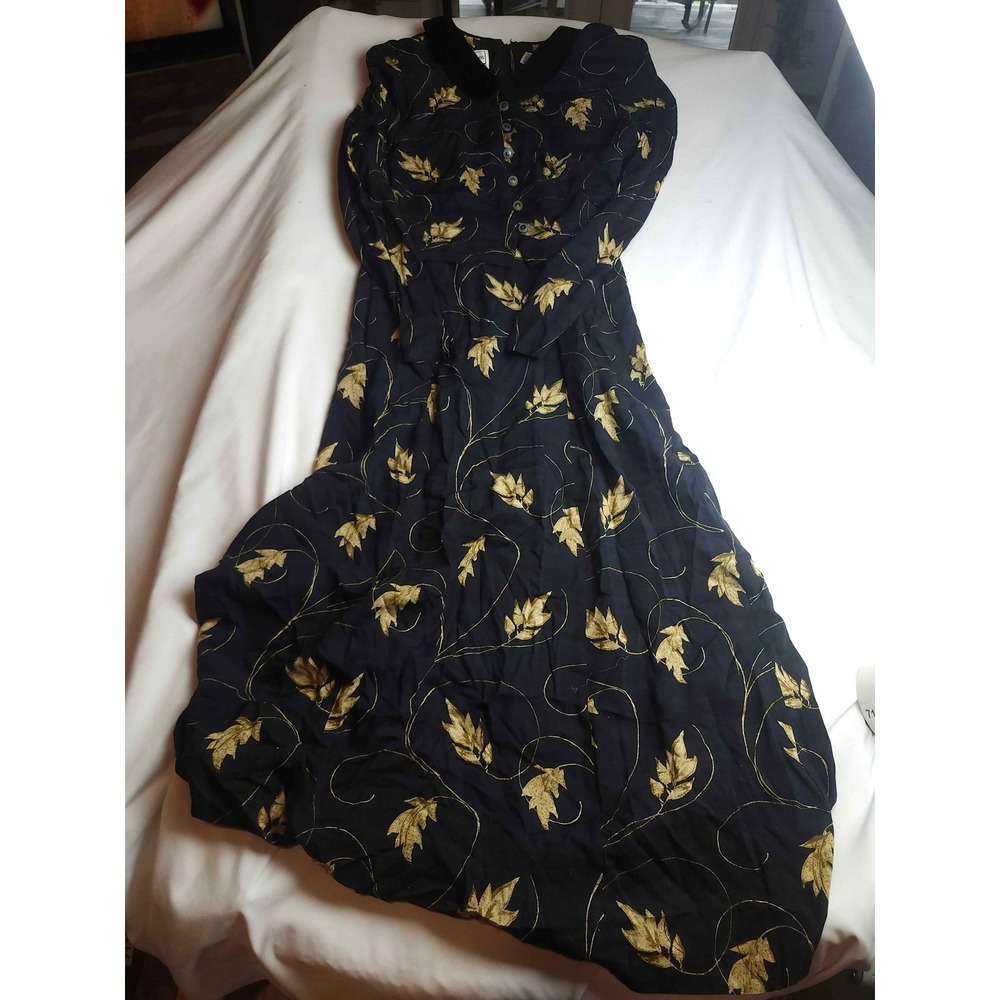 Karin Stevens Vintage Maxi Dress Black Gold Leaf Embroidery Velvet Collar Sz 14
